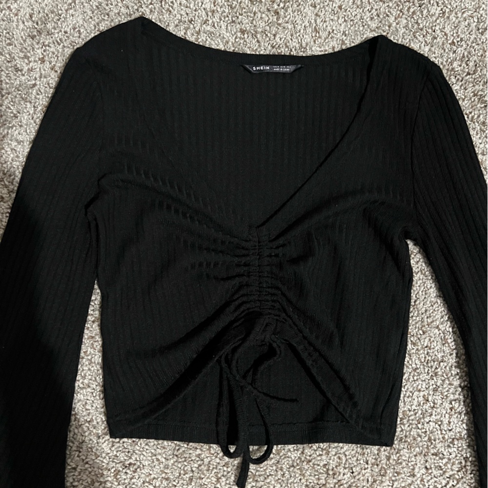 SHEIN Black V-Neck Drawstring Bell Sleeve Crop Top - Picture 5 of 8